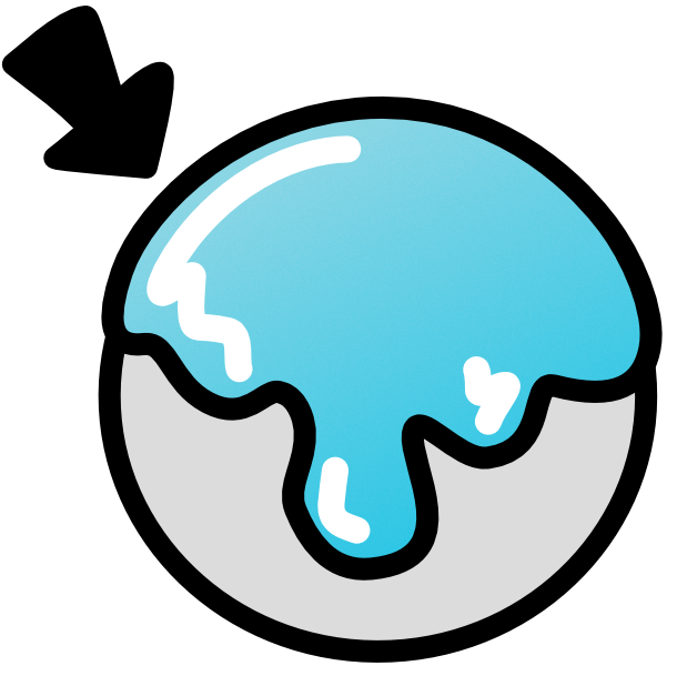 an image with black line art shows a gray circle with a shiny blue substance dripping down it. A small black arrow points to the substance. 